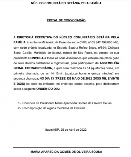 Edital de Convocação - Núcleo Comunitário Betânia Pela Família