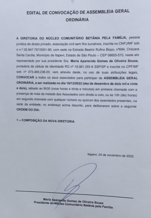 EDITAL - CONVOCA&Ccedil;&Atilde;O DE ASSEMBLEIA GERAL ORDINARIA- NUCLEO BET&Acirc;NIA